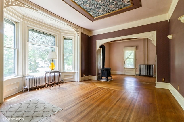 100 E Miller Ave, Hinckley, IL 60520 - spare room featuring radiator, a wood stove, wood finished floors, crown molding, and arched walkways
