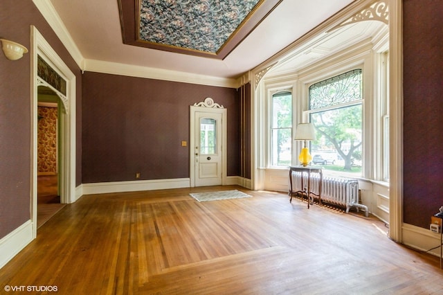 100 E Miller Ave, Hinckley, IL 60520 - entrance foyer featuring wood finished floors, ornamental molding, and radiator heating unit
