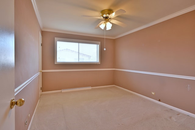 9044 N Clifton Ave, Niles, IL 60714 - empty room featuring a ceiling fan, a baseboard heating unit, baseboards, carpet, and crown molding