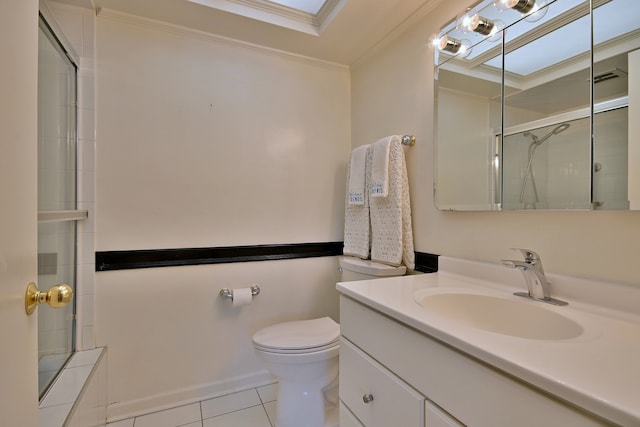 9044 N Clifton Ave, Niles, IL 60714 - full bathroom with ornamental molding, tile patterned floors, toilet, vanity, and a tile shower