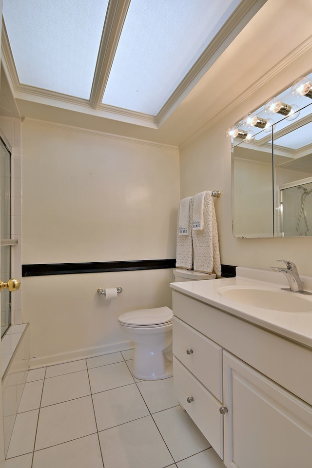9044 N Clifton Ave, Niles, IL 60714 - bathroom with tile patterned flooring, vanity, crown molding, toilet, and a shower with shower door