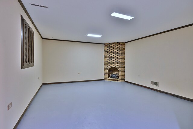 9044 N Clifton Ave, Niles, IL 60714 - unfurnished living room with finished concrete flooring, crown molding, a fireplace, and baseboards