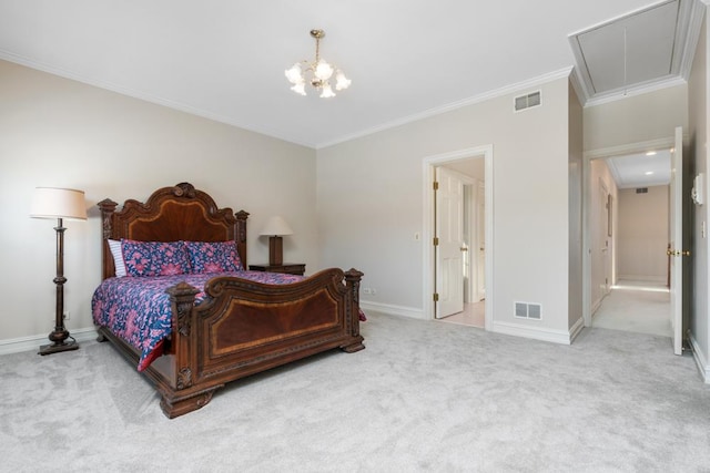 1455 Littlefield Ct, Lake Forest, IL 60045 - carpeted bedroom with attic access, crown molding, baseboards, and a chandelier