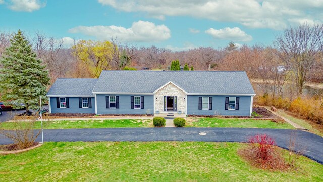 36W340 Huntley Rd, Dundee, IL 60118 - ranch-style house with stone siding, a front lawn, and a shingled roof