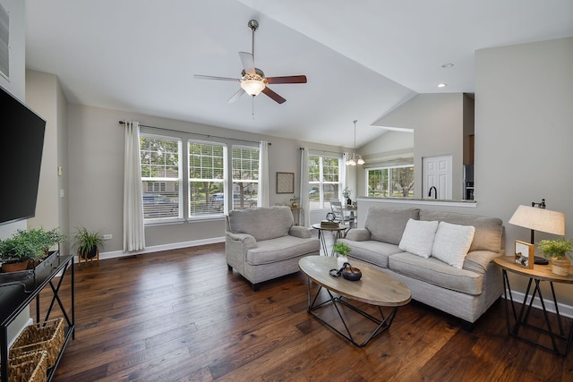 1850 Foxridge Ct, Aurora, IL 60502 - living area with hardwood / wood-style floors, ceiling fan, vaulted ceiling, and recessed lighting
