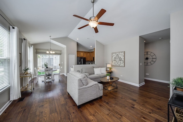 1850 Foxridge Ct, Aurora, IL 60502 - living room featuring dark wood-style flooring, a ceiling fan, and high vaulted ceiling
