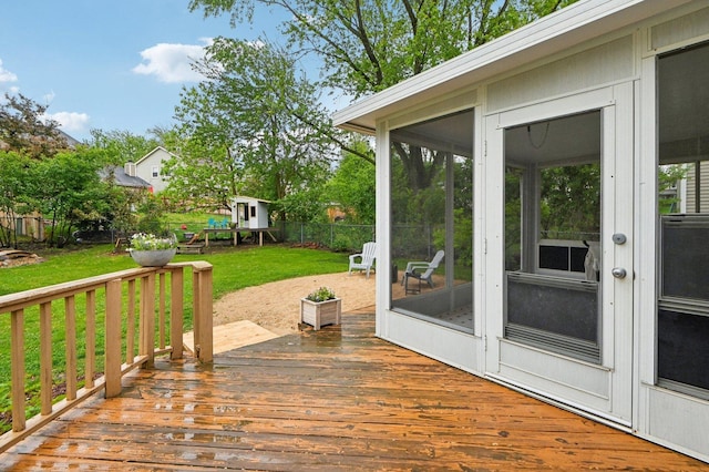 0N467 Cloos Ct, Winfield, IL 60190 - wooden deck featuring a fenced backyard, a sunroom, and french doors