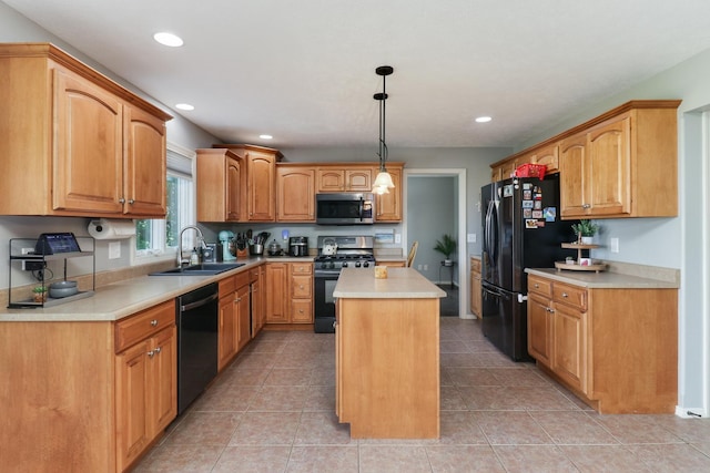 1207 Big Horn Way, Normal, IL 61761 - kitchen with stainless steel appliances, a kitchen island, light countertops, recessed lighting, and hanging light fixtures