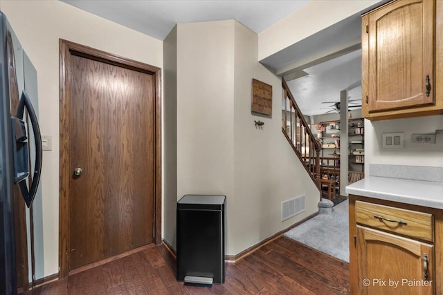 2116 Glasgow Ct, Hanover Park, IL 60133 - kitchen with dark wood finished floors, light countertops, refrigerator with ice dispenser, and ceiling fan