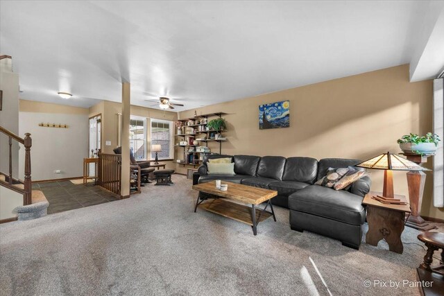 2116 Glasgow Ct, Hanover Park, IL 60133 - carpeted living room featuring stairway and ceiling fan