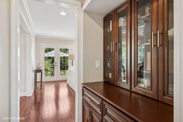 7536 Inverway Dr, Lakewood, IL 60014 - entrance foyer with french doors, crown molding, and dark wood finished floors