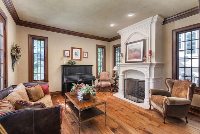 21 Forest Ave, Naperville, IL 60540 - living area featuring light wood-style floors, a fireplace, ornamental molding, baseboards, and recessed lighting
