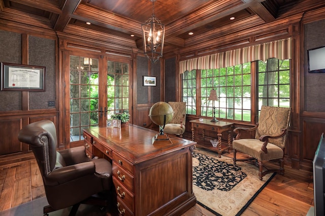 21 Forest Ave, Naperville, IL 60540 - office space featuring coffered ceiling, wooden ceiling with exposed beams, crown molding, hardwood / wood-style flooring, and a chandelier