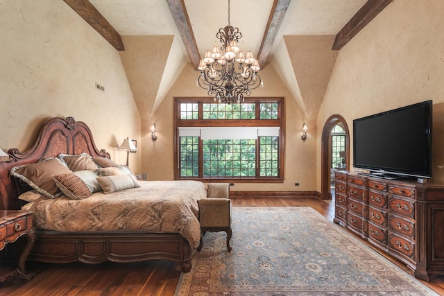 21 Forest Ave, Naperville, IL 60540 - bedroom with a chandelier, hardwood / wood-style floors, beamed ceiling, baseboards, and high vaulted ceiling