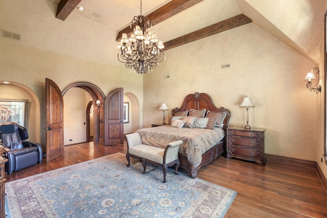21 Forest Ave, Naperville, IL 60540 - bedroom with arched walkways, a chandelier, hardwood / wood-style flooring, beamed ceiling, and a high ceiling