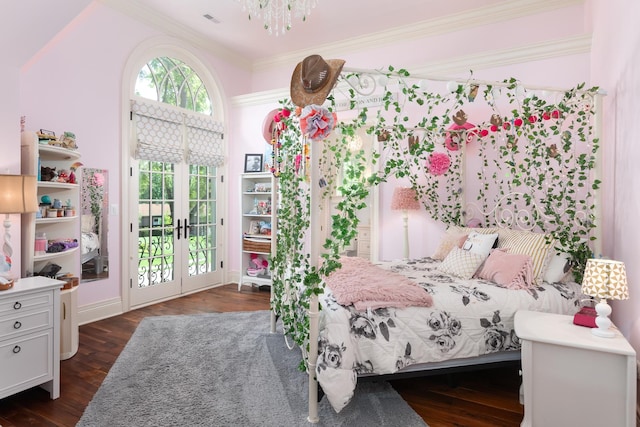 21 Forest Ave, Naperville, IL 60540 - bedroom with access to outside, ornamental molding, a chandelier, dark wood-style flooring, and french doors