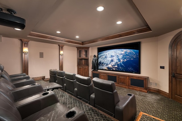 21 Forest Ave, Naperville, IL 60540 - cinema room with a raised ceiling, carpet, baseboards, recessed lighting, and ornate columns