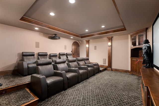21 Forest Ave, Naperville, IL 60540 - home theater with a tray ceiling, ornate columns, recessed lighting, baseboards, and ornamental molding