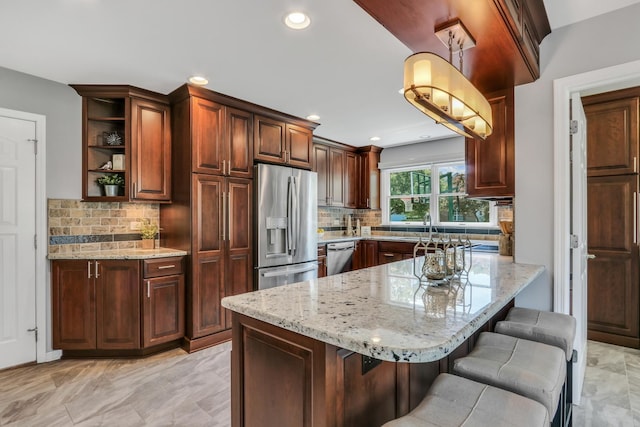 347 Yorkshire Dr, Mundelein, IL 60060 - kitchen with stainless steel appliances, open shelves, backsplash, light stone countertops, and recessed lighting