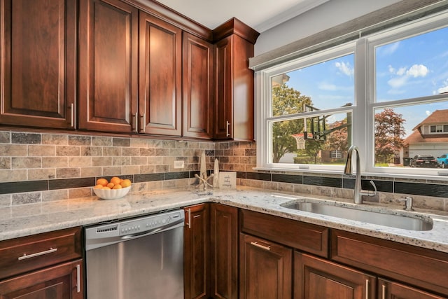 347 Yorkshire Dr, Mundelein, IL 60060 - kitchen featuring dishwasher, a sink, tasteful backsplash, and light stone counters