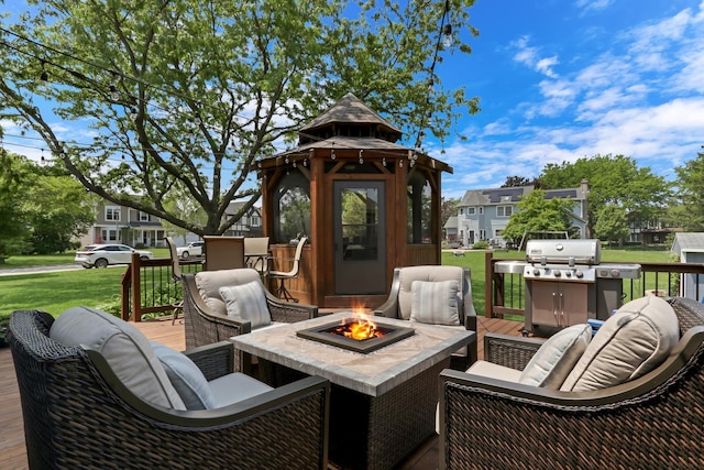 347 Yorkshire Dr, Mundelein, IL 60060 - wooden terrace with a gazebo, grilling area, a fire pit, and a yard