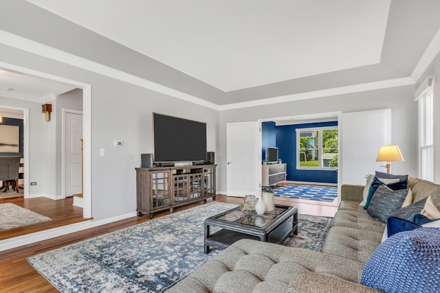 347 Yorkshire Dr, Mundelein, IL 60060 - living room featuring wood finished floors, baseboards, a tray ceiling, and ornamental molding