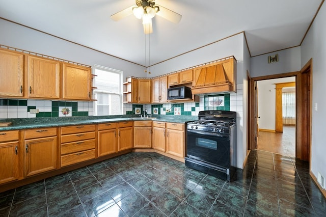 4646 W Montana St, Chicago, IL 60639 - kitchen featuring black appliances, open shelves, decorative backsplash, a ceiling fan, and dark countertops