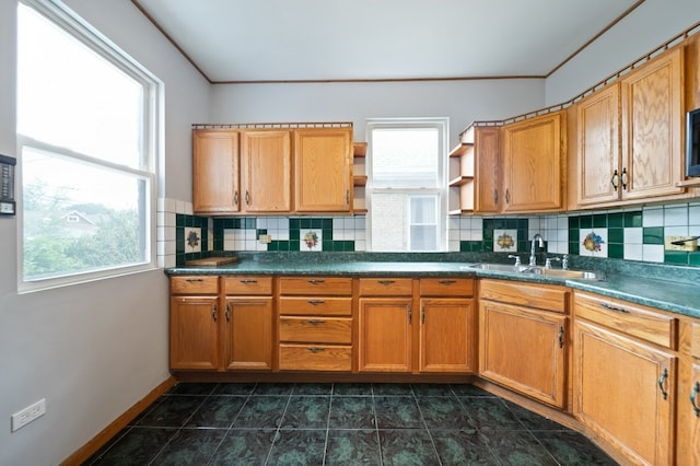 4646 W Montana St, Chicago, IL 60639 - kitchen featuring a sink, open shelves, plenty of natural light, backsplash, and ornamental molding