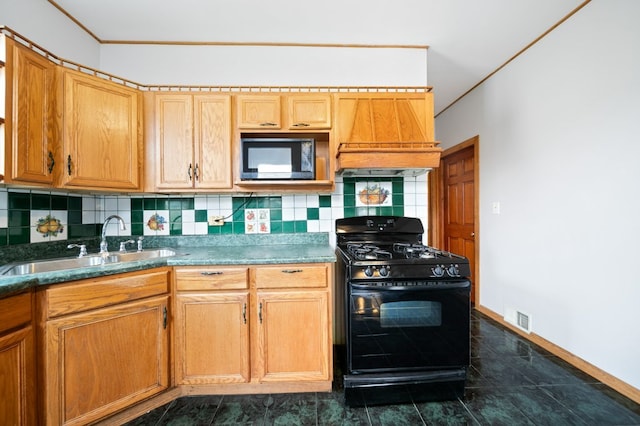 4646 W Montana St, Chicago, IL 60639 - kitchen featuring black appliances, a sink, tasteful backsplash, custom range hood, and baseboards