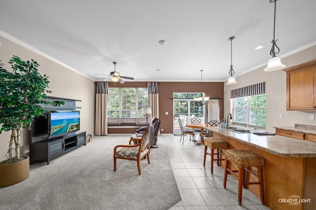 1920 Glenwood Cir Unit B, Sugar Grove, IL 60554 - living room with light tile patterned flooring, ornamental molding, ceiling fan, and recessed lighting