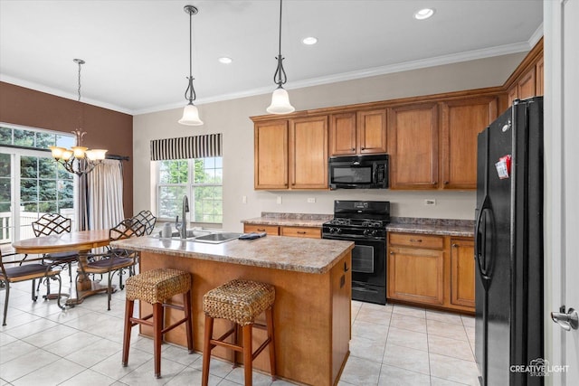 1920 Glenwood Cir Unit B, Sugar Grove, IL 60554 - kitchen featuring black appliances, a sink, light tile patterned flooring, a chandelier, and brown cabinets