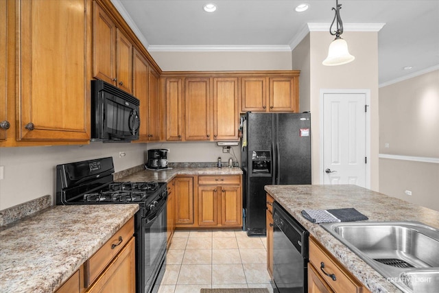 1920 Glenwood Cir Unit B, Sugar Grove, IL 60554 - kitchen featuring black appliances, brown cabinets, ornamental molding, decorative light fixtures, and recessed lighting