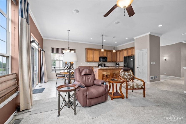 1920 Glenwood Cir Unit B, Sugar Grove, IL 60554 - living area with crown molding, recessed lighting, ceiling fan, light tile patterned floors, and baseboards