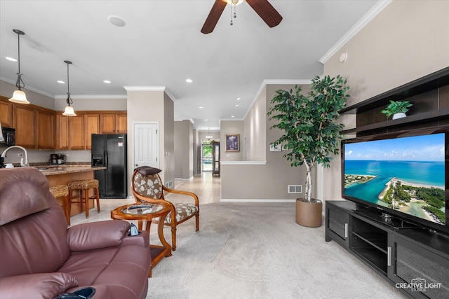1920 Glenwood Cir Unit B, Sugar Grove, IL 60554 - living room featuring ornamental molding, ceiling fan, recessed lighting, baseboards, and light carpet
