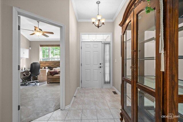 1920 Glenwood Cir Unit B, Sugar Grove, IL 60554 - entryway with ornamental molding, light carpet, a chandelier, baseboards, and light tile patterned floors