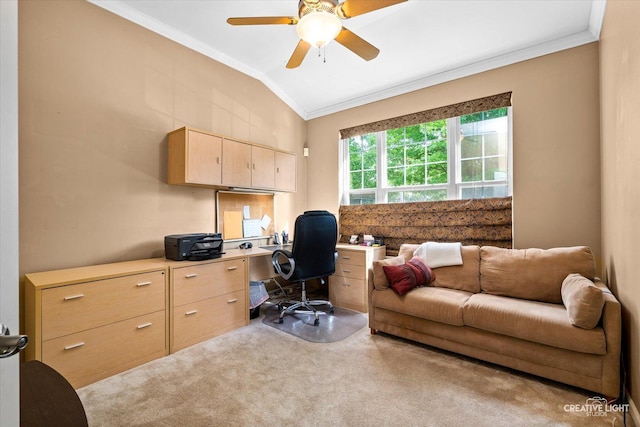 1920 Glenwood Cir Unit B, Sugar Grove, IL 60554 - carpeted home office featuring ornamental molding, vaulted ceiling, and a ceiling fan