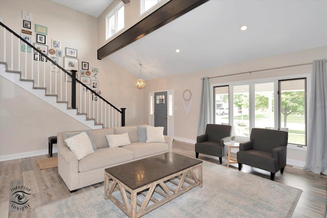 8456 Meadows Edge Trl, Tinley Park, IL 60487 - living area with stairs, light wood-type flooring, healthy amount of natural light, high vaulted ceiling, and beamed ceiling
