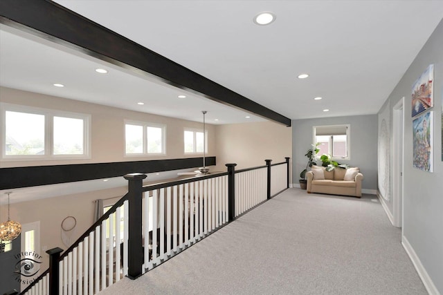 8456 Meadows Edge Trl, Tinley Park, IL 60487 - corridor with light colored carpet, recessed lighting, beam ceiling, and an upstairs landing