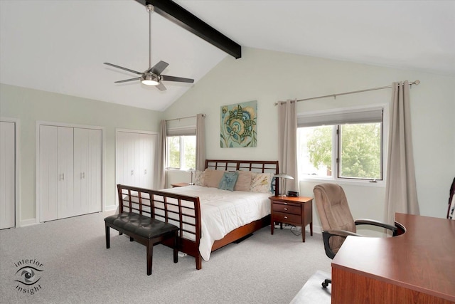 8456 Meadows Edge Trl, Tinley Park, IL 60487 - bedroom featuring multiple closets, carpet, beamed ceiling, an office area, and ceiling fan