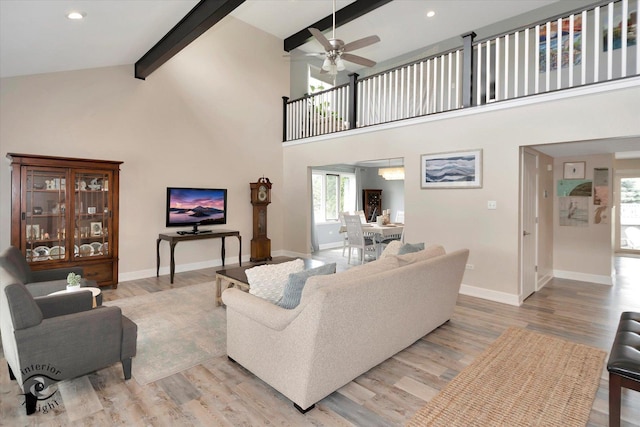 8456 Meadows Edge Trl, Tinley Park, IL 60487 - living area with beamed ceiling, light wood-style flooring, high vaulted ceiling, ceiling fan, and recessed lighting