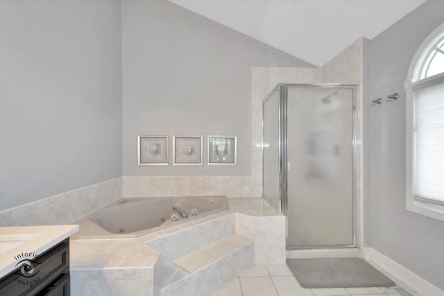 8456 Meadows Edge Trl, Tinley Park, IL 60487 - full bathroom with tile patterned flooring, a stall shower, lofted ceiling, vanity, and a jetted tub