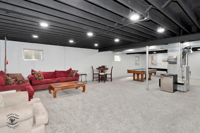 8456 Meadows Edge Trl, Tinley Park, IL 60487 - living area featuring pool table, carpet flooring, and heating unit