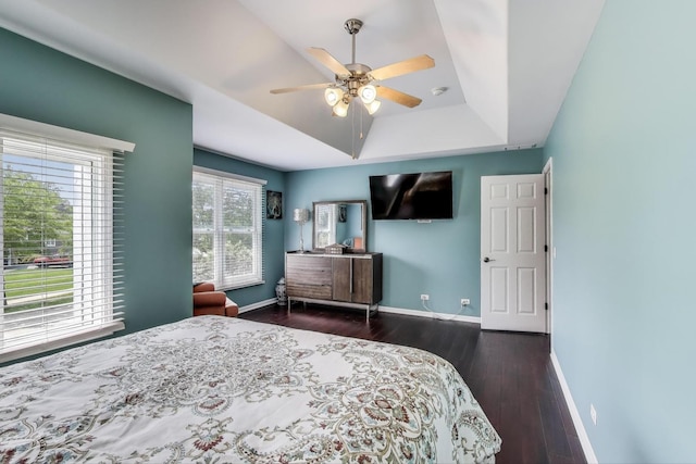 27117 Ashgate Xing, Plainfield, IL 60585 - bedroom featuring a tray ceiling, dark wood-style floors, and a ceiling fan