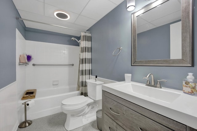 11 W Green St Unit 502, Bensenville, IL 60106 - bathroom with toilet, vanity, shower / tub combo, a drop ceiling, and speckle patterned floor