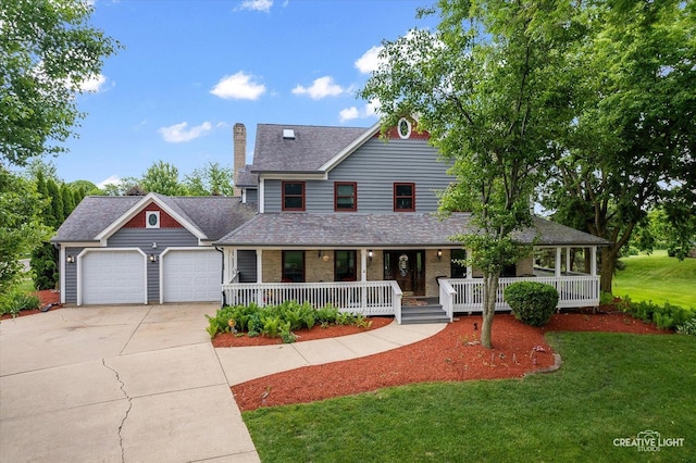 925 Merrill New Rd, Sugar Grove, IL 60554 - view of front facade with a porch, an attached garage, concrete driveway, a front yard, and a chimney