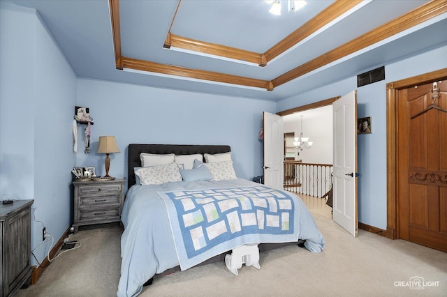 925 Merrill New Rd, Sugar Grove, IL 60554 - bedroom with a raised ceiling, light colored carpet, a chandelier, and crown molding