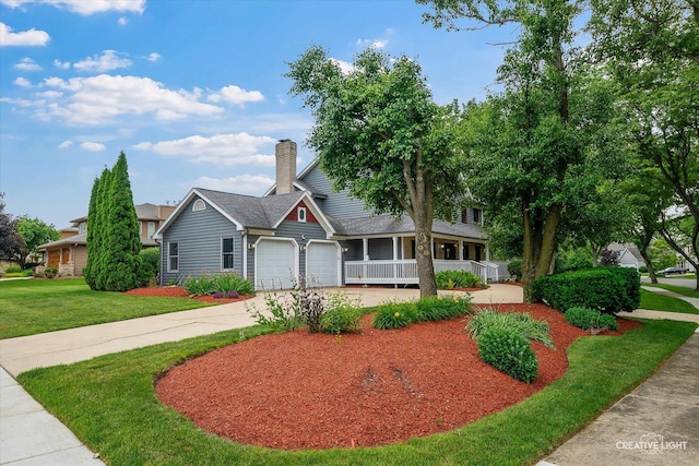 925 Merrill New Rd, Sugar Grove, IL 60554 - view of front of house with covered porch, driveway, a front yard, a garage, and a chimney