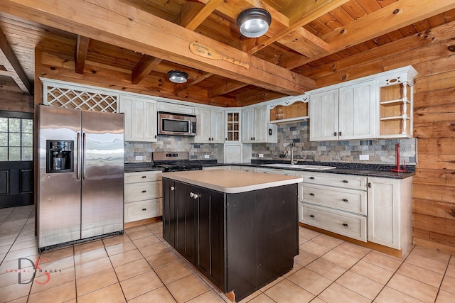 2622 E 28th Rd, Marseilles, IL 61341 - kitchen featuring stainless steel appliances, open shelves, a wooden ceiling with exposed beams, white cabinets, and light tile patterned flooring