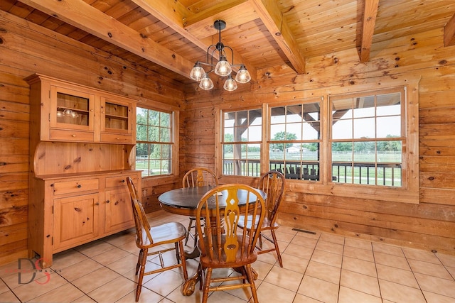 2622 E 28th Rd, Marseilles, IL 61341 - dining space featuring a wooden ceiling with exposed beams, light tile patterned floors, a chandelier, and wood walls