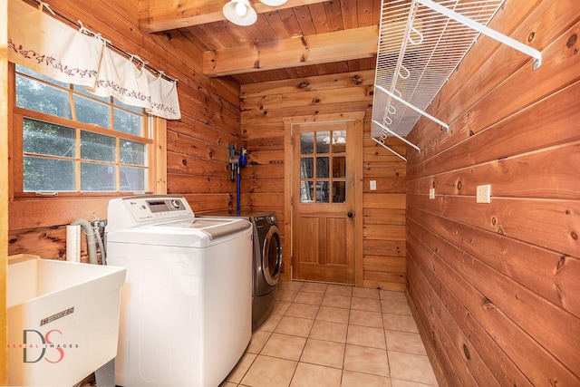 2622 E 28th Rd, Marseilles, IL 61341 - laundry area with washing machine and clothes dryer, wood walls, wood ceiling, and light tile patterned floors